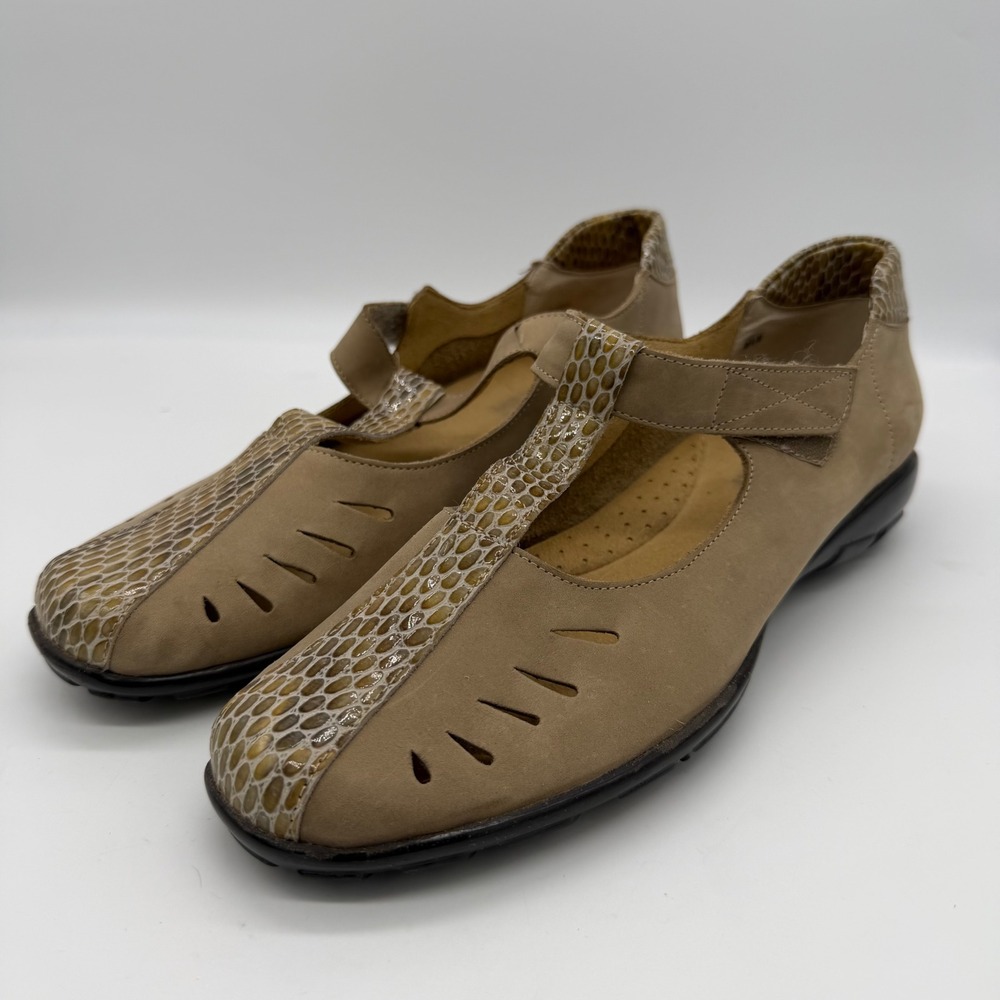 Vaneli Sport Tan Nubuck T-Strap Snakeskin Flats 9.5M